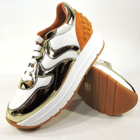 VOILE BLANCHE 🇮🇹 WOMEN'S GOLD LEATHER COMFORT FASHION SNEAKERS - Picture 7 of 8